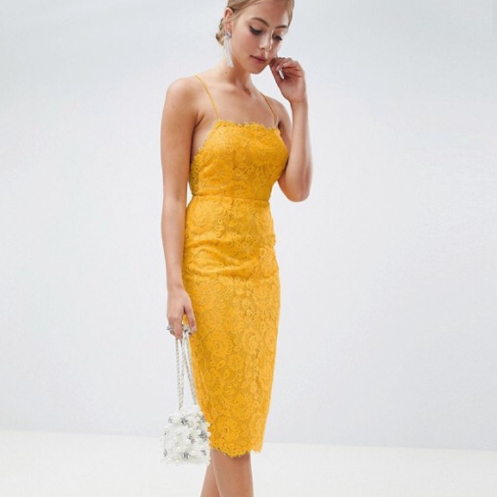 ASOS DESIGN Square Neck Yellow Lace Pencil Dress size US 8